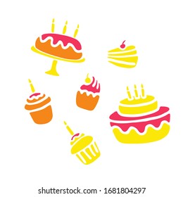 Hand-drawn icons of sweets. Pie, cake, cupcake Vector