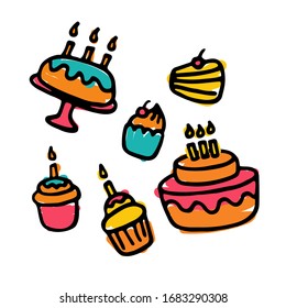 Hand-drawn icons of sweets. Pie, cake, cupcake. Vector