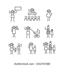 Hand-drawn icons in vectors. Mother icons. Single mother, pregnant woman, female teacher, working woman, woman with two children, lesbian woman, etc...