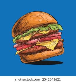 A hand-drawn or illustrated image of a large, layered hamburger.