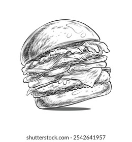 Ein handgezeichnetes oder illustriertes Bild eines großen, geschichteten Hamburgers.