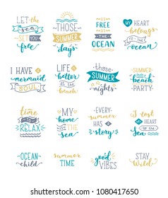 Hand-drawn illustrated lettering quotes about sea / ocean / summer. Great typography for poster, mug, bag, card or t-shirt. Lettering design isolated on white background. Ready-to-use prints.