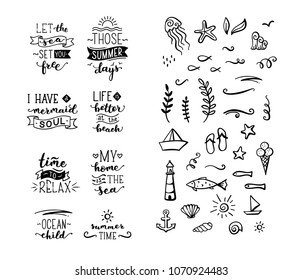 Hand-drawn illustrated quotes about sea / ocean / summer. Lettering design and doodle illustrations for poster, mug, bag, card or t-shirt design. Black and white illustration.