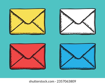 Hand-drawn illustration of 4 envelopes in different colors. The envelopes are in color, yellow, white, red and blue. Vector illustration in sketch style. Made by human.