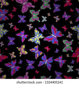 Hand-drawn illustration. Abstract seamless pattern for clothes, boys, girls, wallpaper. Beautiful background of colorful butterflies. Vector.