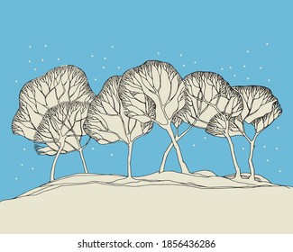 Hand-drawn illustration. Abstract winter landscape, white tree, vector illustration