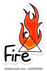 Hand-drawn illustration of alchemical element fire sticker. Tattoo design, print on textile, postcard. Drawing with symbols of the energy of nature.Conceptual design for tattoo.