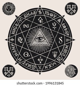 Hand-drawn illustration with an all-seeing eye inside octagonal star, alchemical, Masonic and esoteric symbols. Vector banner or mascot in the form of a circle with a third eye, magic signs and runes
