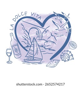 Hand-drawn illustration of Amalfi Coast in a heart shape with sailing boat, cliffs, seagulls, wine, lemon, and seashells. Inspired by Italian phrase La Dolce Vita, coastal summer vibe