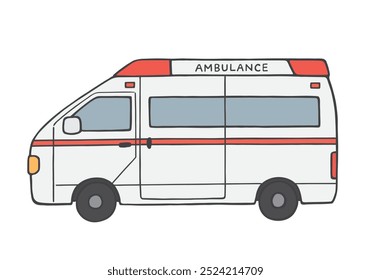 Hand-drawn illustration of an ambulance seen from the side