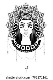 Hand-drawn illustration of the ancient Cleopatra's head at boho, gypsy, vintage style. Tattoo art, graphic, t-shirt design, postcard, poster design, coloring books,spirituality, occultism.