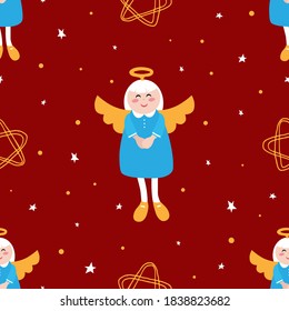 Hand-drawn illustration. Angel on a red background. Vector seamless background for gift wrapping, postcards, web, design, textiles.