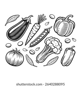 Hand-drawn Illustration of Assorted Fresh Vegetables.