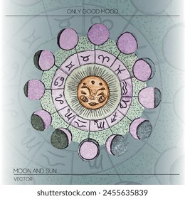 A hand-drawn illustration of astrology and zodiac signs, featuring a sun motif, ideal for printing. It evokes a mystical and celestial ambiance,for projects related to horoscopes and astrological 