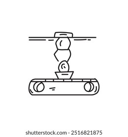 Handgezeichnete Darstellung eines automatisierten Verpackungssystems mit einem Förderband und einem Roboterarm zur Aufnahme eines Gegenstandes. Konzept der Automatisierung, Industrie, Fertigung, Produktion und Technologie.