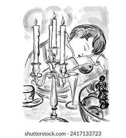 hand-drawn illustration of a baby falling asleep at the table, still life of candles and dinner