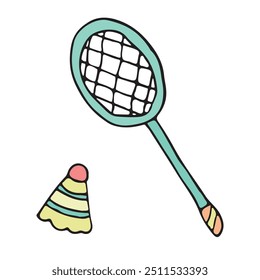  Hand-drawn illustration of a badminton racket and shuttlecock. Perfect for outdoor sports, summer activities, and fitness articles focusing on family recreation and leisure games.