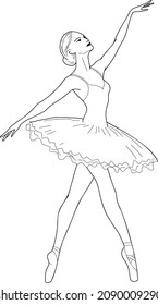 Hand-drawn illustration of ballerina. Black and white images on white background.