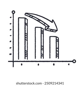 hand-drawn illustration of a bar graph with bars and a prominent arrow showcasing a downward trend. Concepts of decline, loss, or negative growth in various business and educational settings