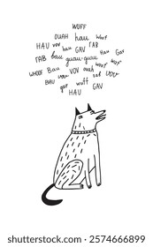 Hand-drawn illustration of a barking dog with various “bark” sounds written in multiple languages. Creative and humorous design, universal sound of dogs, multilingual pet content, unique stationery.