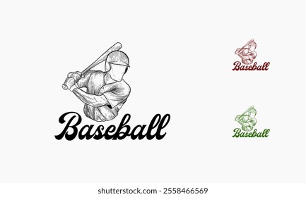 A hand-drawn illustration of a baseball player swinging a bat, designed as a logo or emblem.