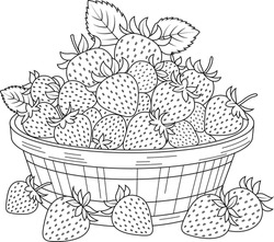 Hand-drawn Illustration Of Basket Full Of Strawberries Coloring Page For Kids And Adults. Food And Drink Colouring Book	