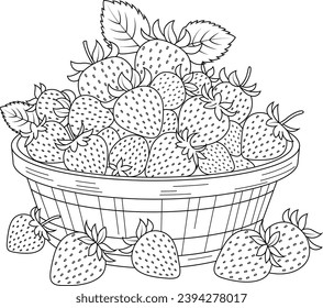 Hand-drawn illustration of basket full of strawberries coloring page for kids and adults. Food and drink colouring book	