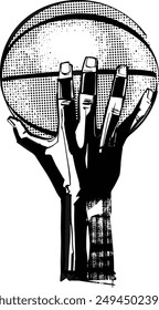 hand-drawn illustration of a basketball player's hand with a basketball ball