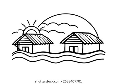 Hand-drawn illustration of beach huts near the sun and clouds minimalist design black and white