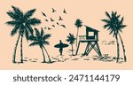 Hand-drawn illustration of a beach landscape with a surfer silhouette, coconut trees and a lifeguard station.