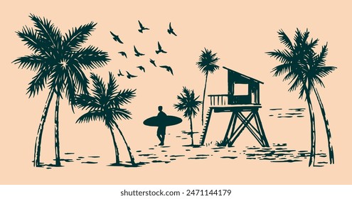 Hand-drawn illustration of a beach landscape with a surfer silhouette, coconut trees and a lifeguard station.