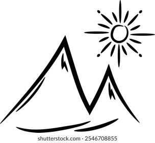 Hand-drawn illustration of beautiful mountains, mountain and sun icons