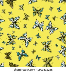 Hand-drawn illustration. Beautiful seamless pattern of cute butterflies. Vector. Fashion Fabric Design. Pictures in green, yellow and white colors.