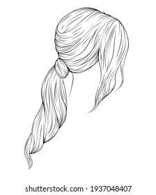 Hand-drawn Illustration of beauty woman with long ponytail hairstyle. Long bangs. Wedding style. Idea for school.