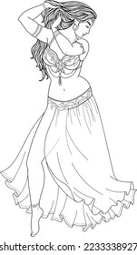 Hand-drawn illustration of belly dancer. Black and white images on white background.