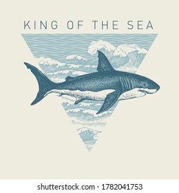 Hand-drawn illustration of a big shark and a triangle with sea waves in retro style. Vector banner on the theme of adventure, travel and discovery with the words King of the sea