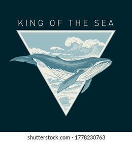 Hand-drawn illustration of a big whale and a triangle with sea waves on a black background in retro style. Vector banner on the theme of adventure, travel and discovery with the words King of the sea