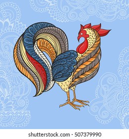 Hand-drawn illustration of the bird. Drawing of the rooster. Vector illustration.