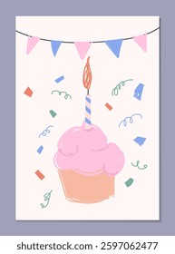 Hand-drawn illustration of a birthday cupcake with pink frosting and a lit striped candle. Colorful confetti and bunting flags decorate the festive background. Flat cartoon vector illustration