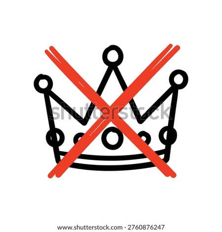 Hand-drawn illustration of a black king crown with a red X cross over it. Symbolizes anti-monarchy, revolution, dethroning, or rejection of authority. Isolated on a white background.