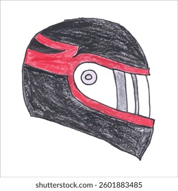 Hand-Drawn Illustration of a Black and Red Motorcycle Helmet with Eye Detail 