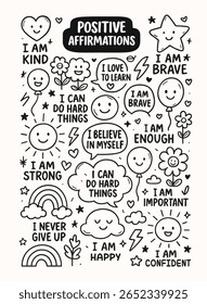 Ilustração desenhada à mão de arte motivacional em preto e branco - Conjunto de arte de doodle com afirmações positivas