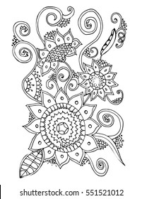 Hand-drawn illustration. Black and white vector image in adult coloring book