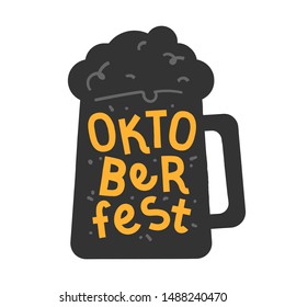 Handdrawn illustration in black and yellow colors with beer mug and handwritten letterin for oktoberfest celebration. Good for poster, banner or enamel pin, fridge magnet souvenir or sticker.