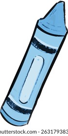 A hand-drawn illustration of a blue crayon with bold outlines and a playful, cartoon style. Ideal for educational materials, children's books, or art-related content.