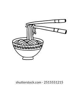 hand-drawn illustration of a bowl of noodles being lifted with chopsticks.