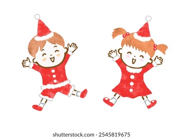 Hand-drawn illustration of a boy and a girl wearing Santa costumes and banzai