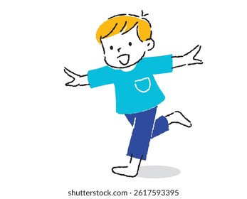 Hand-drawn illustration of a boy running with his hands raised and a smile