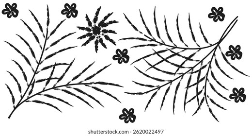 Hand-drawn illustration of branches with long leaves and flowers set for summer on white background.