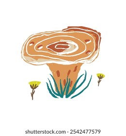 Hand-drawn illustration of a brown shelf mushroom with concentric rings, growing among grass and small plants.Nature-inspired art, botanical decor, or boho-style designs.